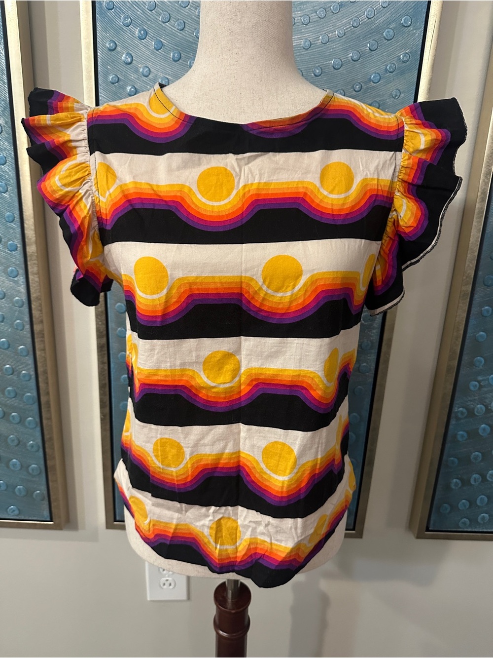 Nooworks Yellow, Black & Purple Retro Stripe Flutter Sleeve Top